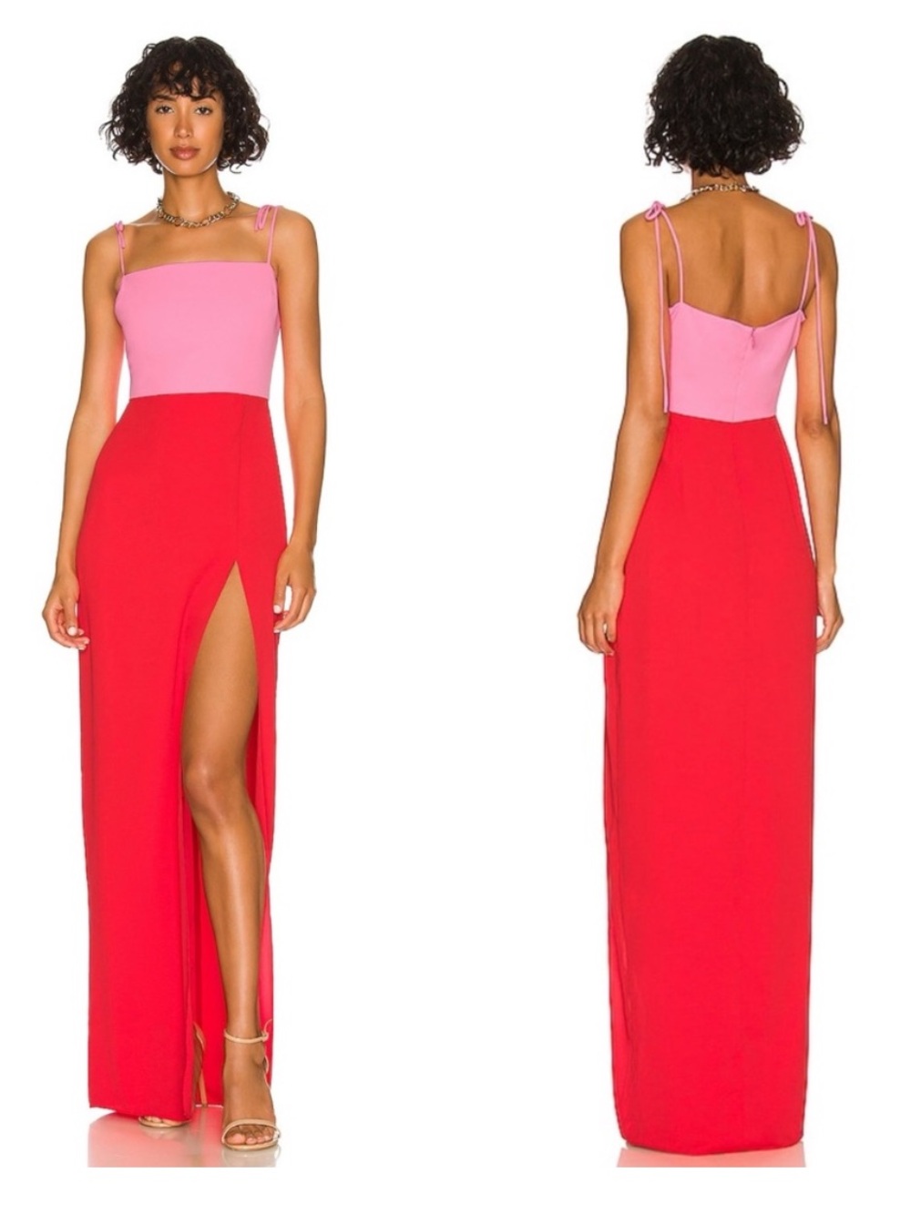 Amanda Uprichard x Revolve Avani Pink Red Orange Bow Tie Strap Maxi Dress Gown L